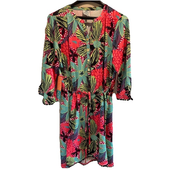 Tracy Negoshian Dresses & Skirts - Tracy Negoshian Womens XL Floral Pompom Trim 3/4 Sleeve Tiana Dress Blooming NWT